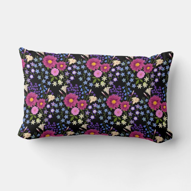 Almohada lumbar negra con ramo de flores (Reverso )