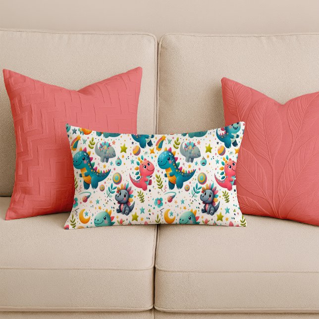 Almohada Lumbar para Guardería de Dinosaurio Bebé  (Cute Baby Dinosaur Teal Nursery Lumbar Pillow)