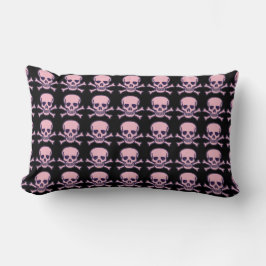 Almohada lumbar rosa negra con calavera y huesos