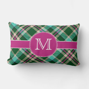 Almohada lumbar verde azulada y rosa