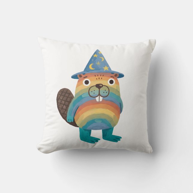 Almohada mágica de castor arcoíris con sombrero de (Anverso)