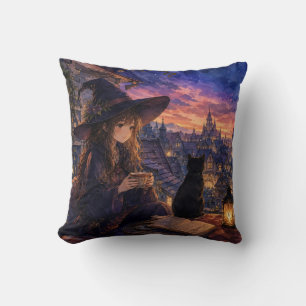 Almohada mágica de fantasía de bruja y gato negro