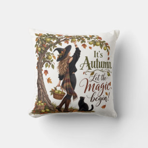 Almohada mágica de otoño con bruja, gato y manzano