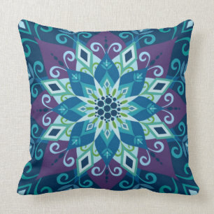 Almohada Mandala-Azul-Grande floreciente del