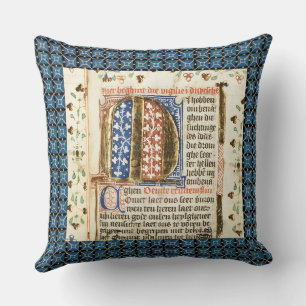 almohada manuscrita iluminada con fondo azul