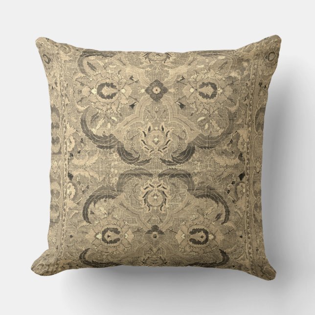 Almohada Marrón Beige de Alfombra Persa Antigua (Anverso)