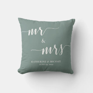 Almohada moderna de boda verde salvia para Sr. y S