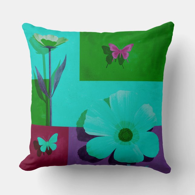 Almohada moderna de jardín floral turquesa (Anverso)