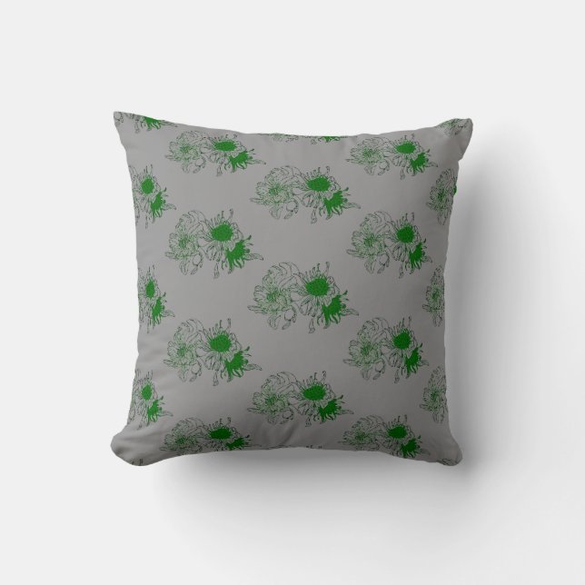 Almohada moderna gris y verde con estampado floral (Anverso)