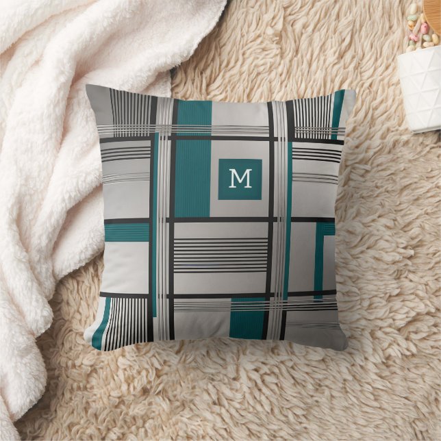 Almohada moderna negra plateada y cuadrícula azul  (Manta)