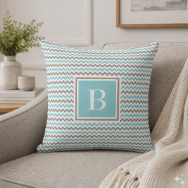 Almohada Monograma Chevron Azul Gris Blanco