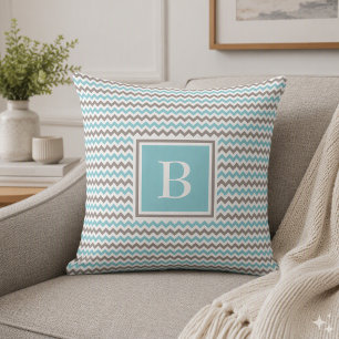 Almohada Monograma Chevron Azul Gris Blanco