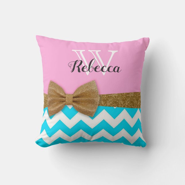 Almohada Monograma con Brillo Dorado Turquesa Rosa (Anverso)
