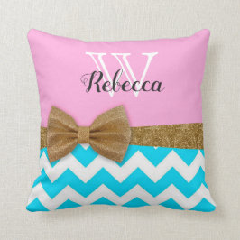 Almohada Monograma con Brillo Dorado Turquesa Rosa