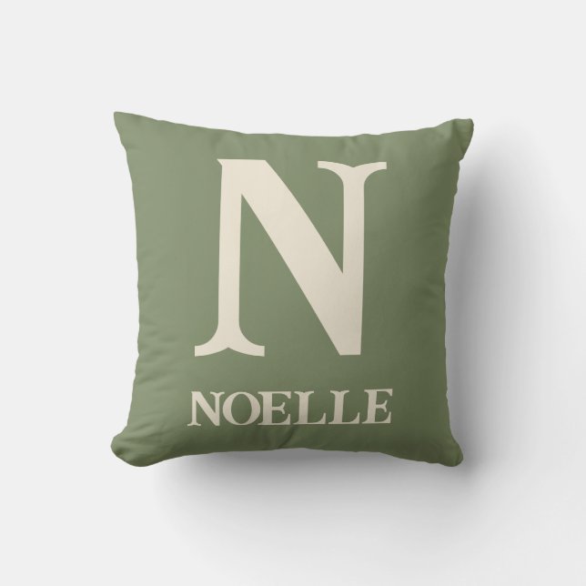 Almohada Monograma Personalizada Verde Salvia Boho (Anverso)
