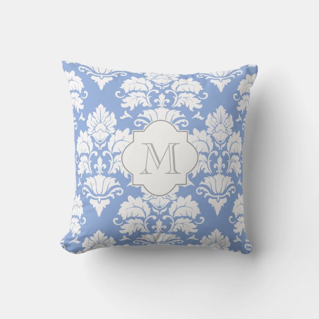 Almohada monogramada de Damasco azul blanco y de b (Anverso)