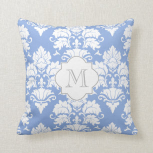Almohada monogramada de Damasco azul blanco y de b
