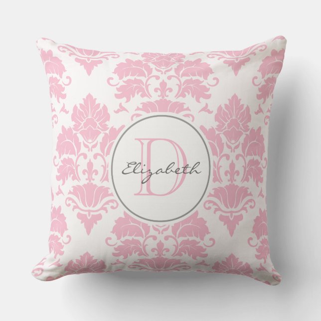 Almohada monogramada de Damask rosa (Anverso)