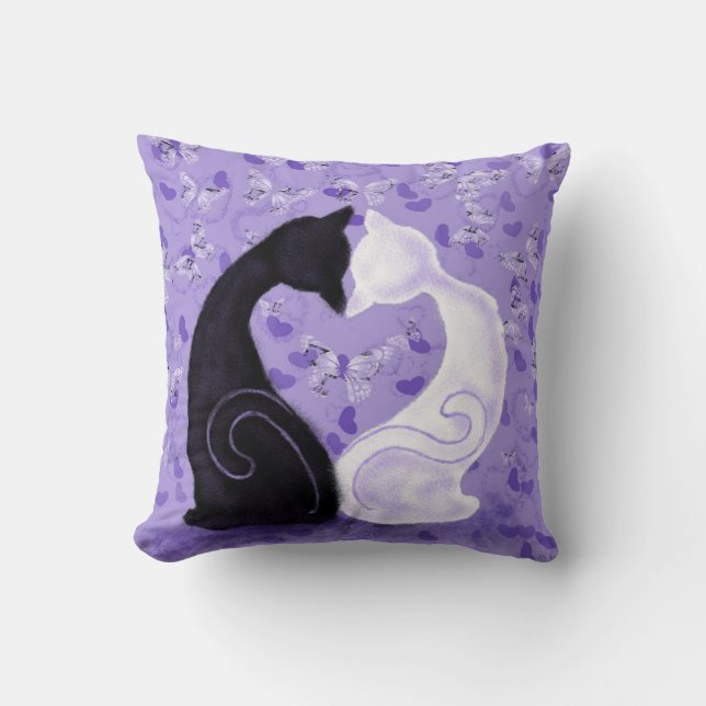 Almohada Morada de Pareja de Gatos Corazones Marip (Anverso)