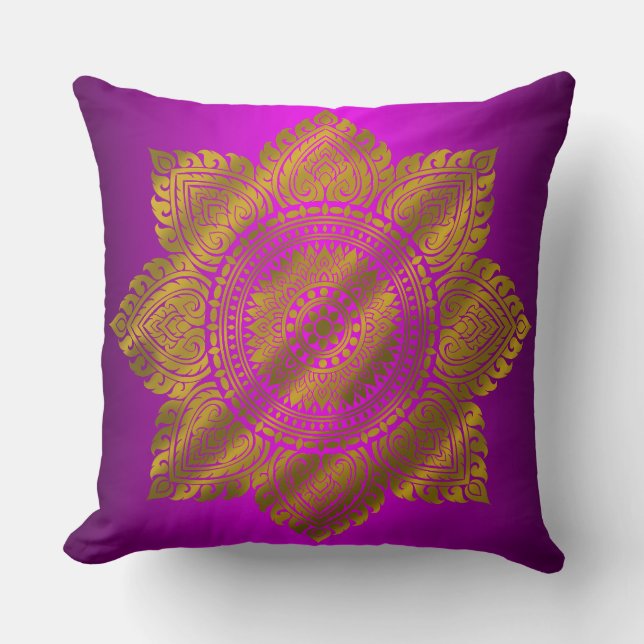 Almohada Morada de Tirar Mandala de Oro de Lujo (Anverso)