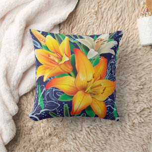 Almohada Naranja Blanca Lirios Floral Azul Marino