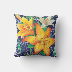 Almohada Naranja Blanca Lirios Floral Azul Marino