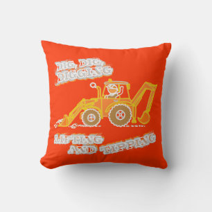 Almohada naranja y amarilla de excavadora para niñ