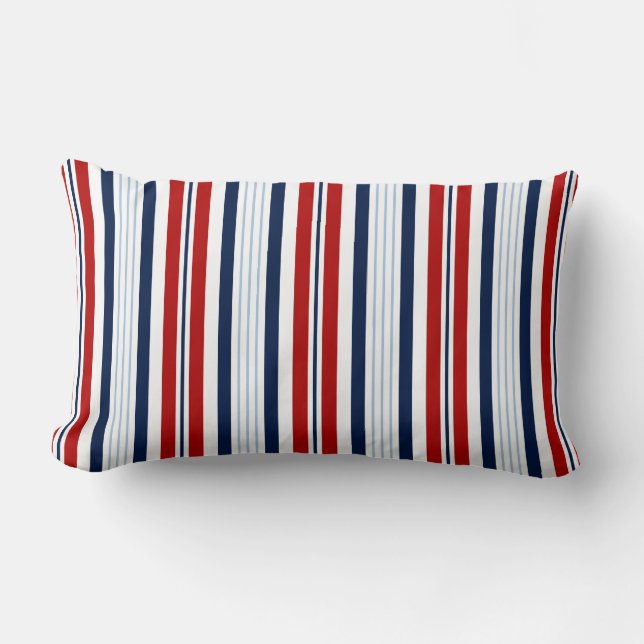 Almohada náutica a rayas blancas, azul marino, roj (Anverso)