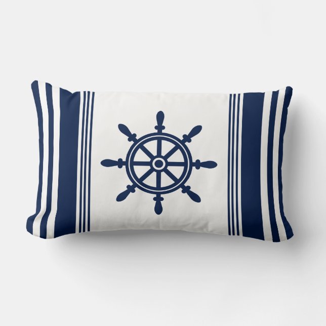 Almohada náutica azul y blanca, rueda de barco (Anverso)