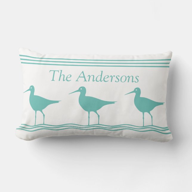 Almohada náutica blanca con playeros azul turquesa (Anverso)