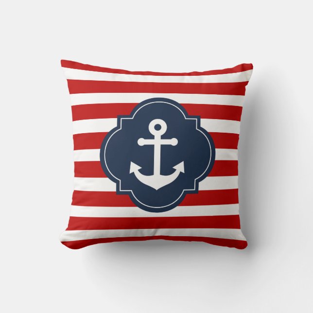 Almohada náutica blanca y azul roja del ancla (Anverso)