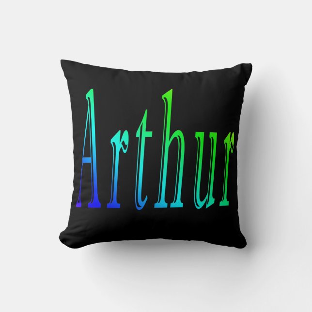 Almohada negra Arthur, nombre, logotipo. (Anverso)