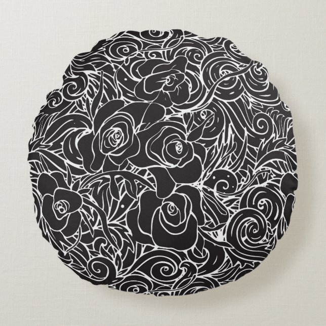 Almohada Negra y Blanca Floral (Anverso)
