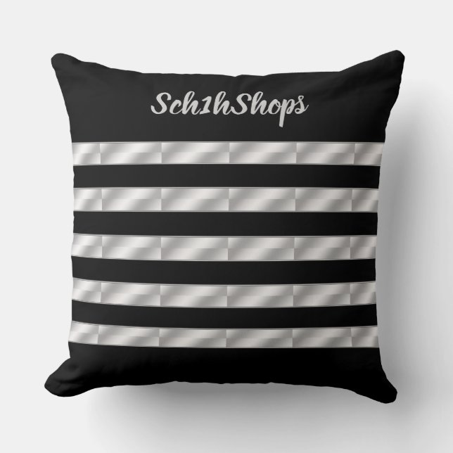 Almohada negra y plateada con rayas personalizada (Anverso)