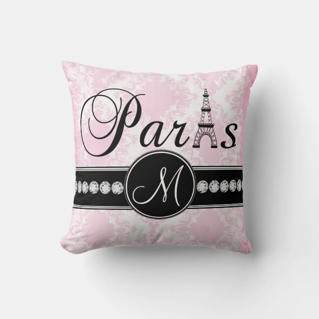 Almohada parisiense del monograma del negro blanco (Anverso)