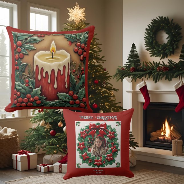 Almohada personalizable de Navidad con vela roja (Subido por el creador)
