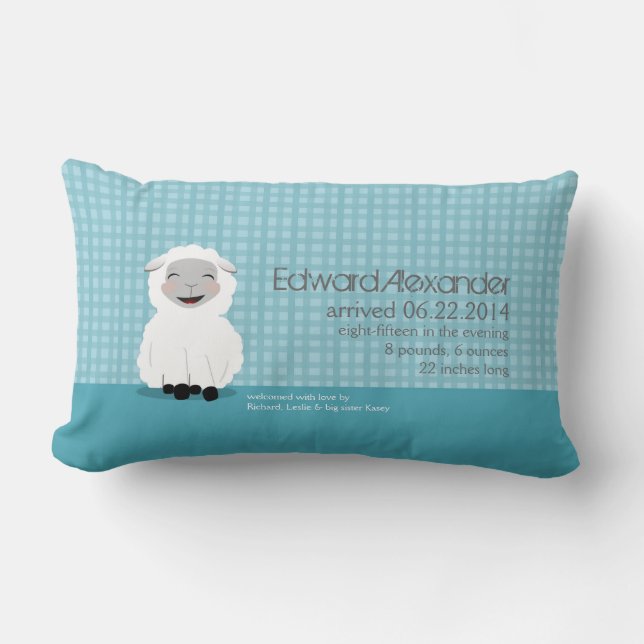 Almohada personalizada azul del bebé del cordero (Anverso)