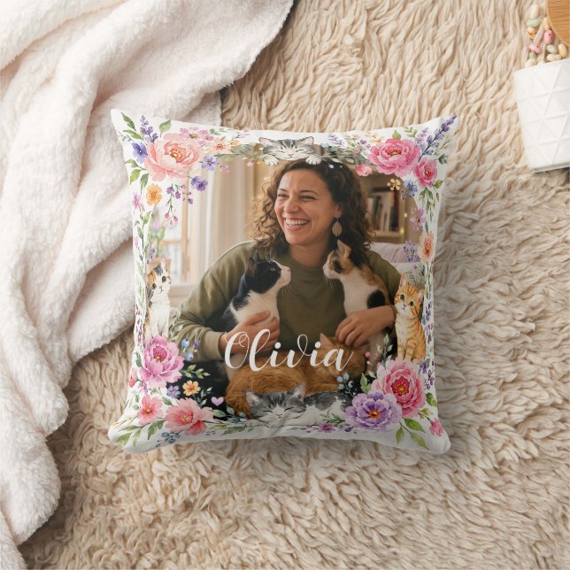 Almohada personalizada con flores y foto de gato p (Manta)