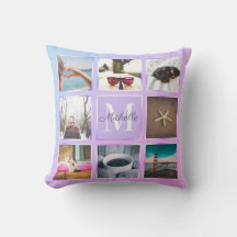 Almohada personalizada de 8 fotos collage púrpura 