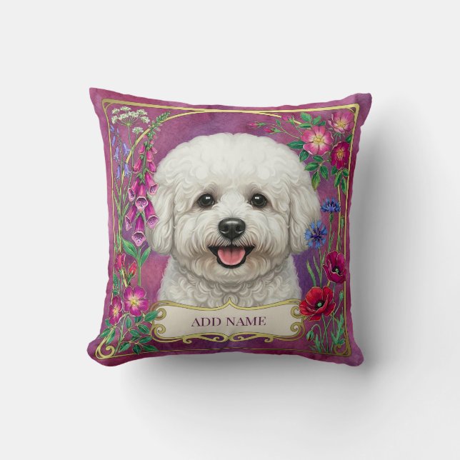 Almohada personalizada de Bichon Frise con flores  (Anverso)