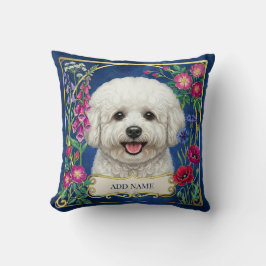 Almohada personalizada de Bichon Frise floral azul