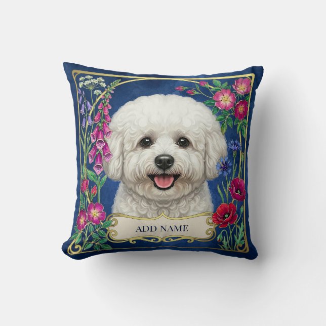 Almohada personalizada de Bichon Frise floral azul (Anverso)