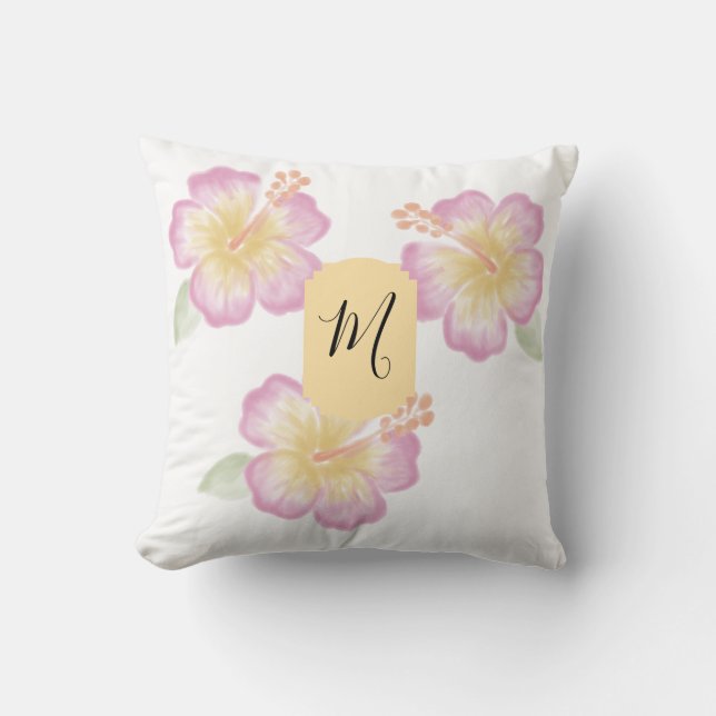 Almohada personalizada de hibisco con acuarela a m (Anverso)