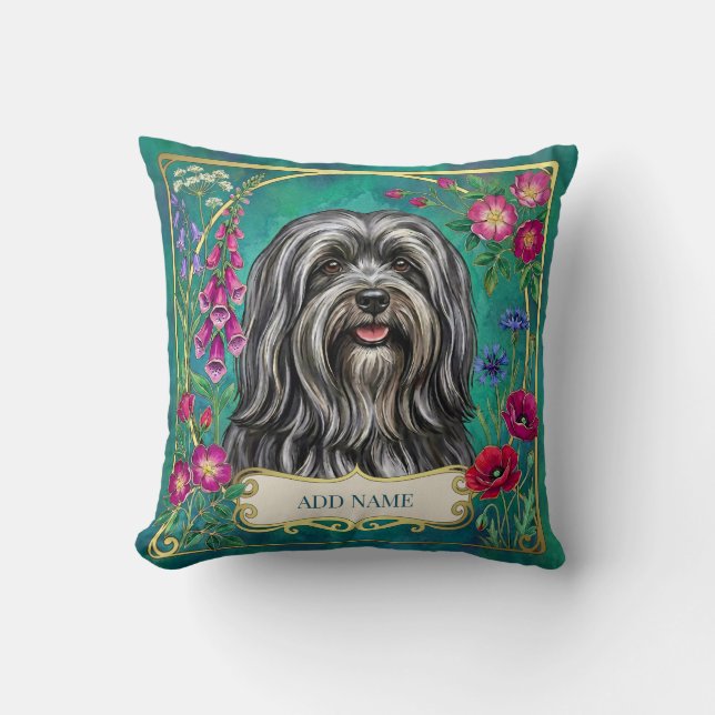 Almohada personalizada de Lhasa Apso floral gris o (Anverso)