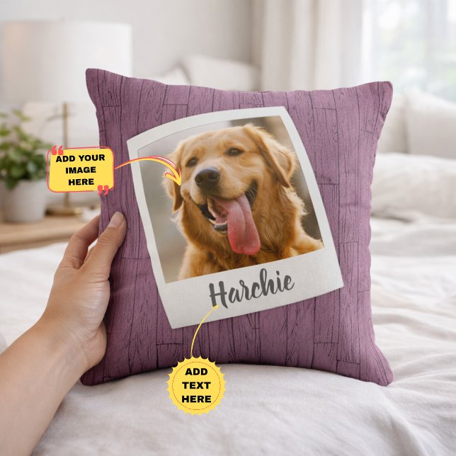 Almohada personalizada de madera rústica con foto  (Rustic Wood Personalized Pet Photo Throw Pillow for Dog Mom)