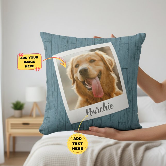 Almohada personalizada de madera rústica con foto  (Rustic Wood Personalized Pet Photo Throw Pillow for Dog Mom)