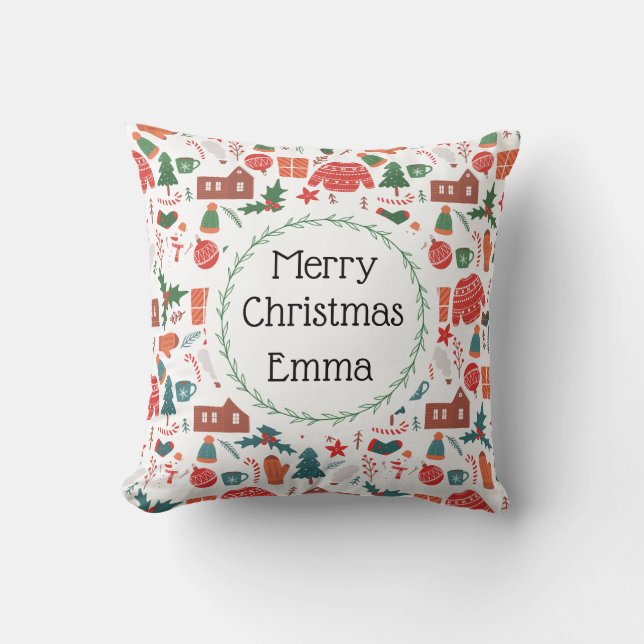 Almohada Personalizada de Navidad Feliz con Nombre (Anverso)