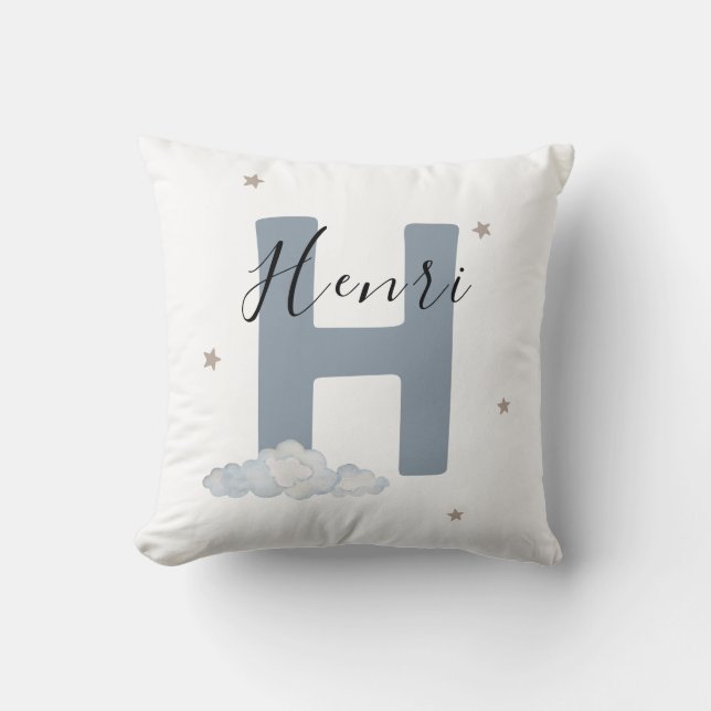 Almohada Personalizada de Nombre de Bebé en Azul P (Anverso)