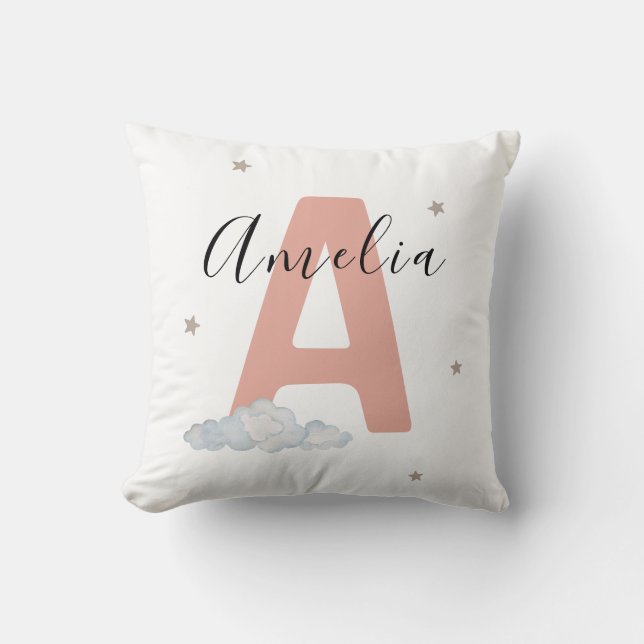 Almohada Personalizada de Nombre de Bebé Rosa Sonr (Anverso)