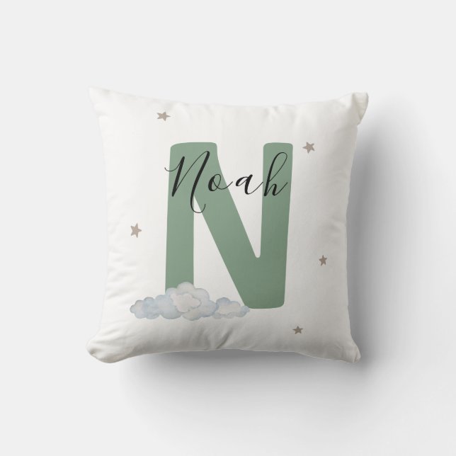 Almohada Personalizada de Nombre de Bebé Verde Sal (Anverso)